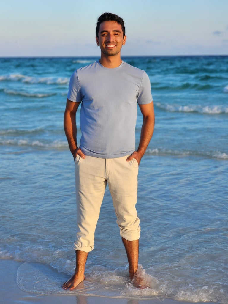 Smiling man in blue t-shirt and tan pants standing in ocean waves at beach