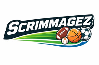Scrimmagez logo featuring dynamic sports equipment including football, basketball, baseball, and soccer ball with green swoosh design